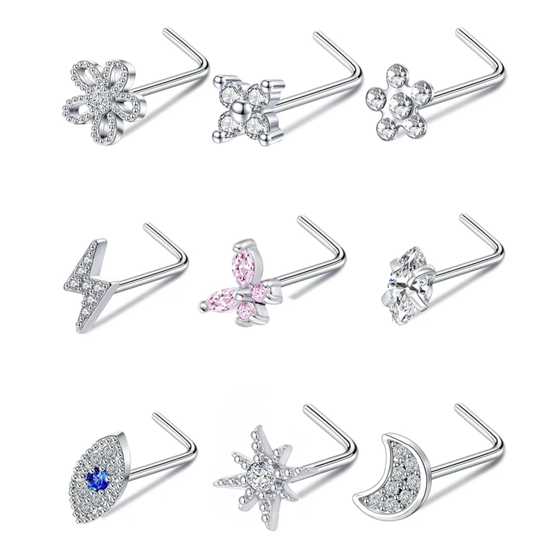 Nose Rings Stud L Bone Screw Shaped Nose Ring Flower CZ Snowflake Butterfly Screw Nose Stud Body Piercing Jewelry for Women Men