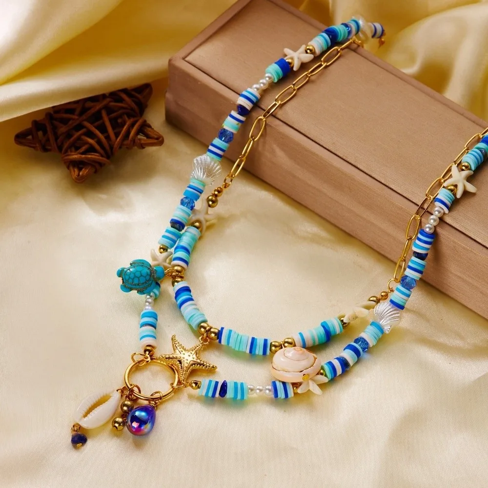 2/3Pcs Bohemian Beaded Pendant Necklace Clown Fish Multilayer Shell Starfish Choker Irregular Gravel Colorful