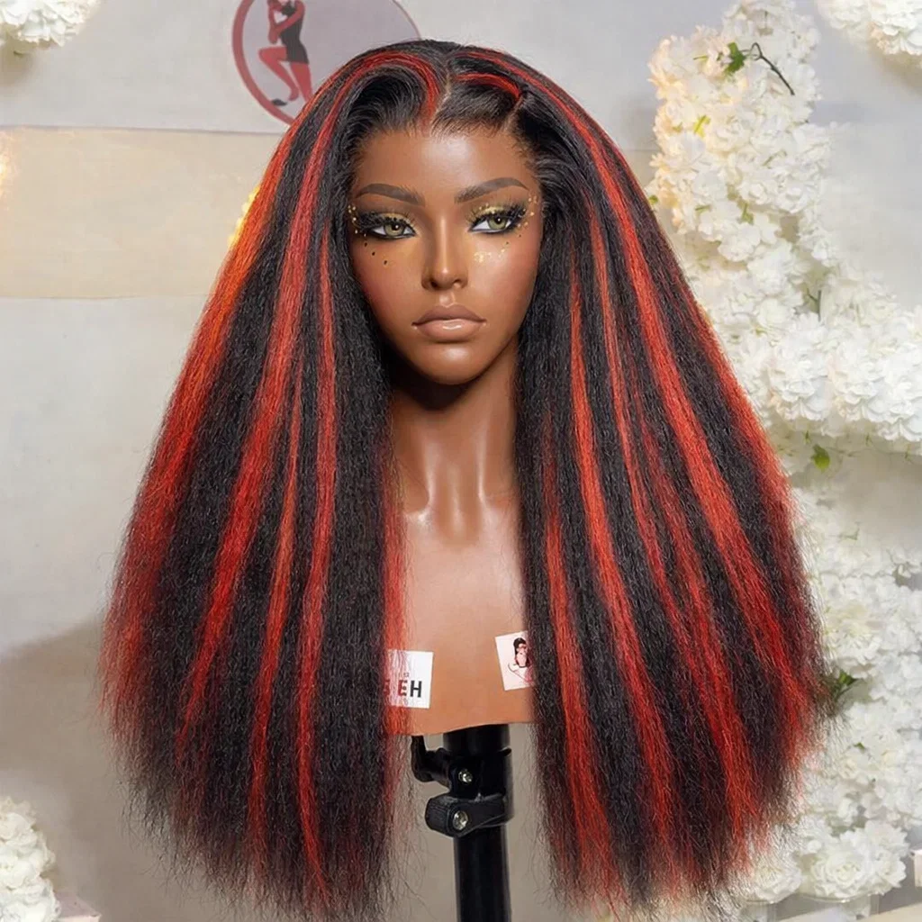 

1B/99J Color Highlight Kinky Straight 13X4 Lace Front Wigs Human Hair Wigs Ombre Red With Black Glueless 5x5 Lace Closure Wig