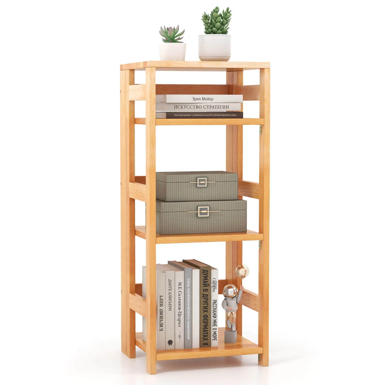 4-Tier Bookshelf Floor Storage Shelf w/ Rubber Wood Frame Anti-Toppling Kits