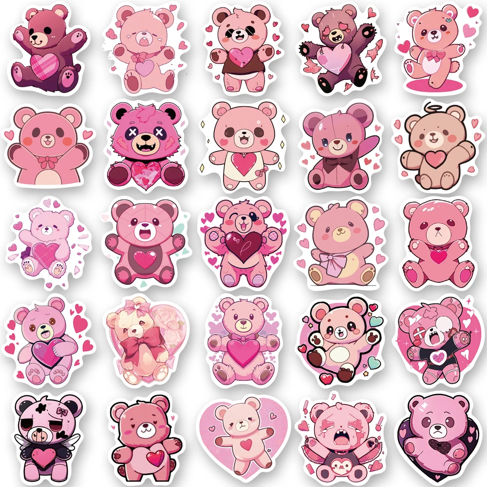 10/50PCS Teddy bear with a pink heart Sticker DIY Phone Laptop Luggage Skateboard Graffiti Decals Fun for Kid Toy