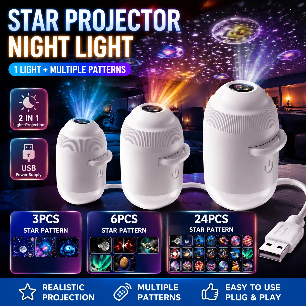 Cool USB Starry Sky Projection Night Light for Car Interior Home Bedroom Romantic Galaxy Atmosphere Lamp USB Atmosphere Light