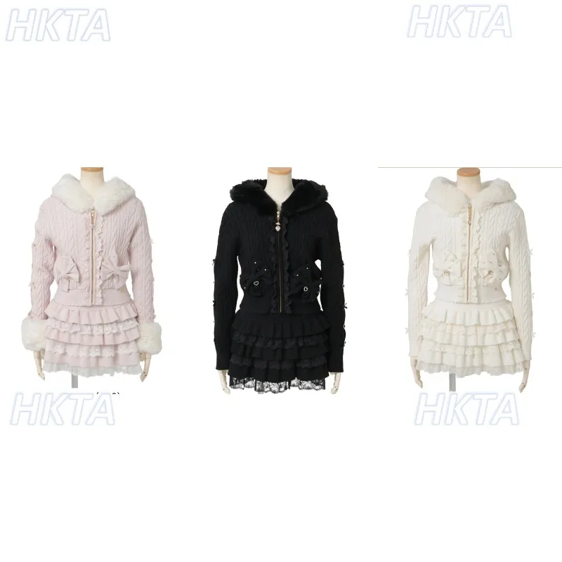 Japanese Style Women Girls Sweaters Lolita Sweet Cute Hooded Plush Zipper Knitted Sweater High Waist Slim Short Cake Skirt Sets