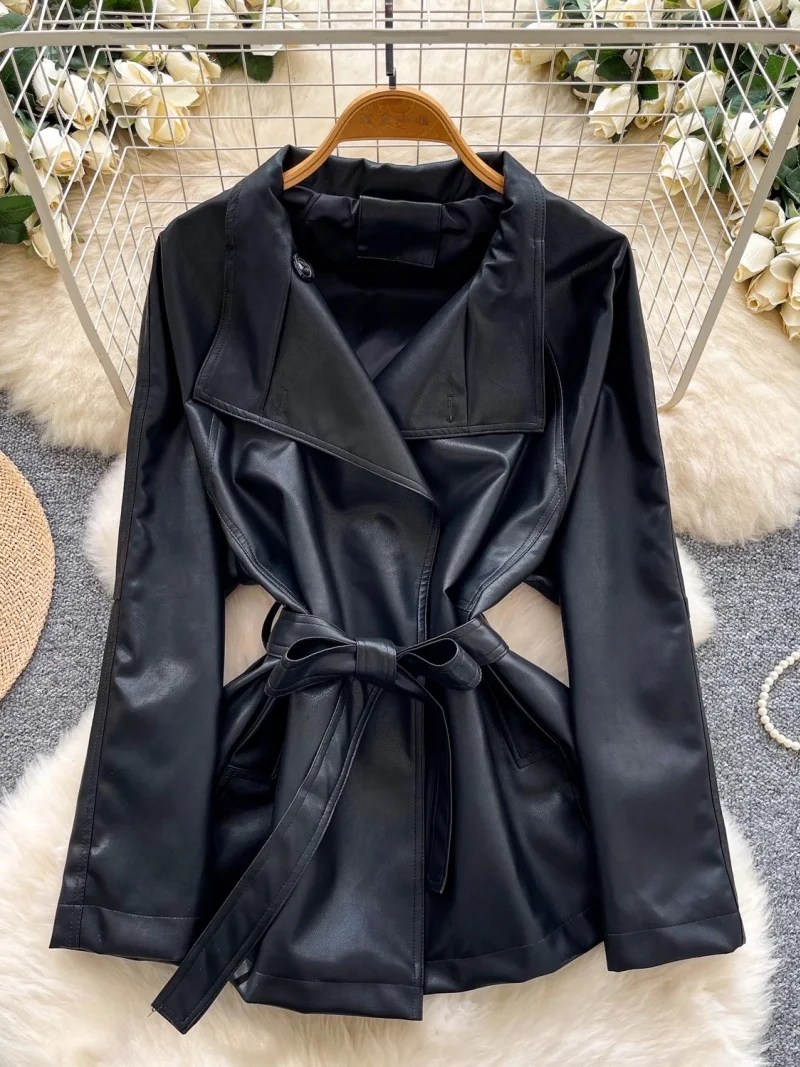 High End Strap Lapel Long Seeved Leather Jacket Women's 2025 Autumn And Winter Fashionable Stylish Versatile Coat W1036