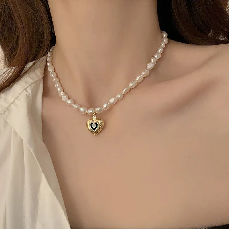 New Romantic Love Heart Green Crystal Natural Baroque Freshwater Pearl 14K Gold Filled Female Pendant Necklace Jewelry For Women
