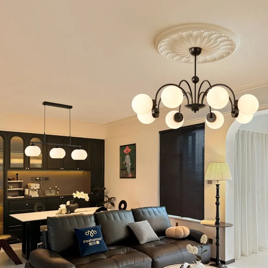 French retro living room chandelier, antique simple black magic bean main lamp