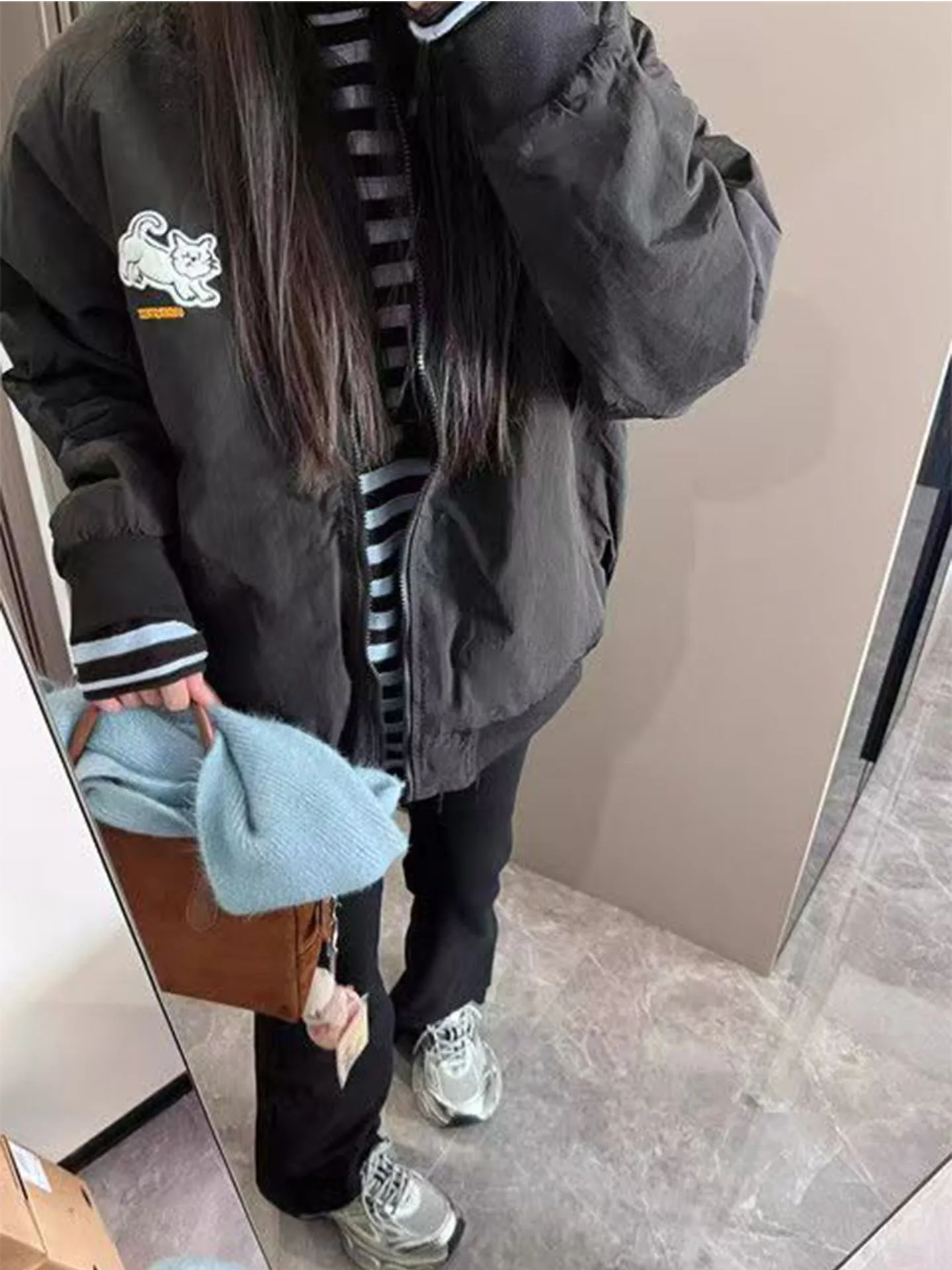 Warm Fce Lined American Sle  Embroidery Baseball Cotton Jaet Women Winter New Loose Korean Sle Student Faion Ou...