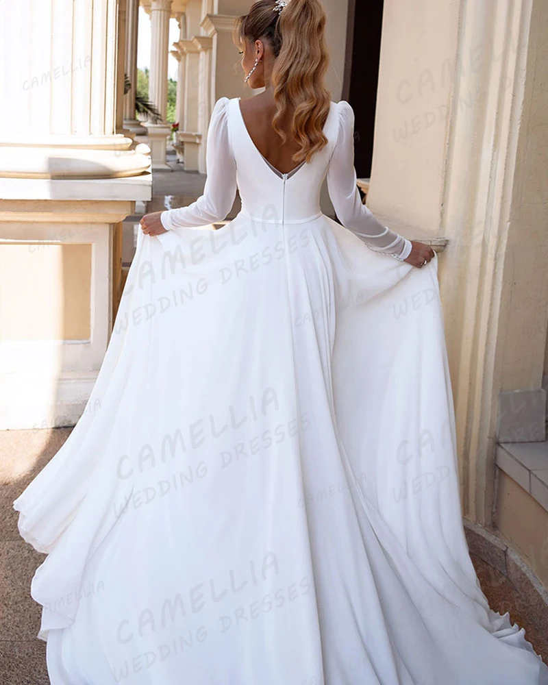 Elegant Long Sleeve Wedding Dresses A Line Women's Sexy V Neck Bridal Gowns 2024 Appliques Chiffon Princess Party Vestidos Noche