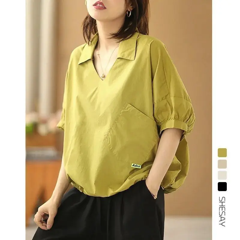 

Retro Casual Women's ort Sve V-Ne irt Unique Design Loose plus Size Faionable Small Top Quali Polyester Fiber