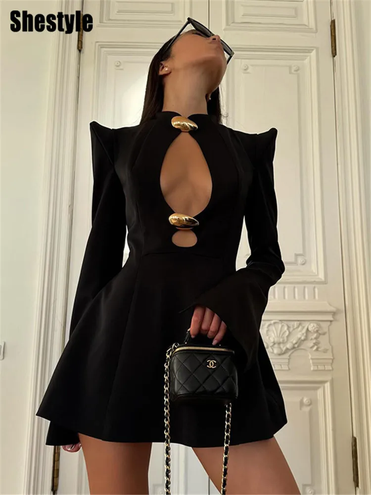 Shestyle Shoulder Pads Elegant A-Line Dress Women Hollow Out Manderin Collar Black Solid Cleavage Sexy 2026 New Design Outfits