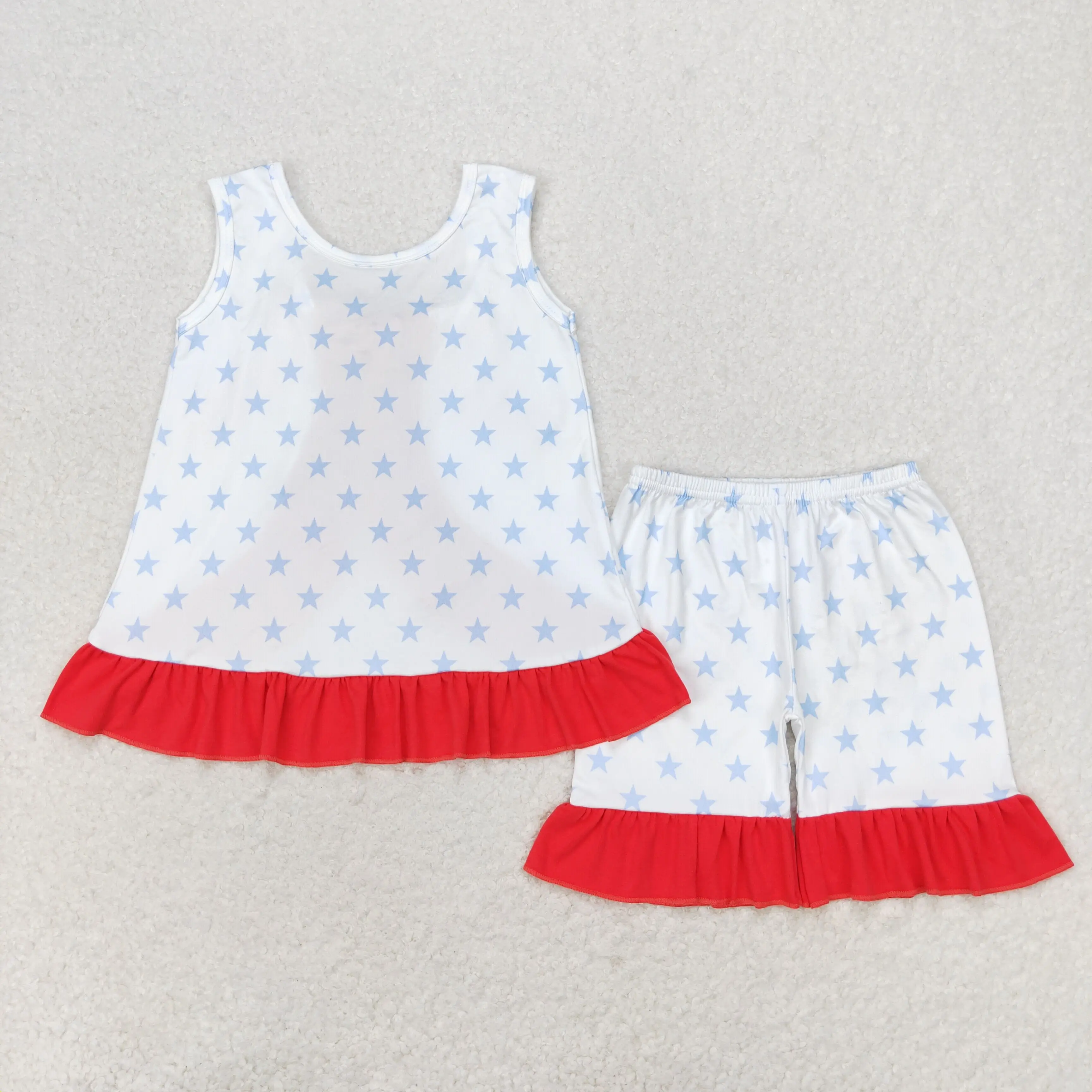 

GSSO1217 Summer clothes for girls sets Star red lace bow white sleeveless shorts sets Wholesale boutique baby girls clothes