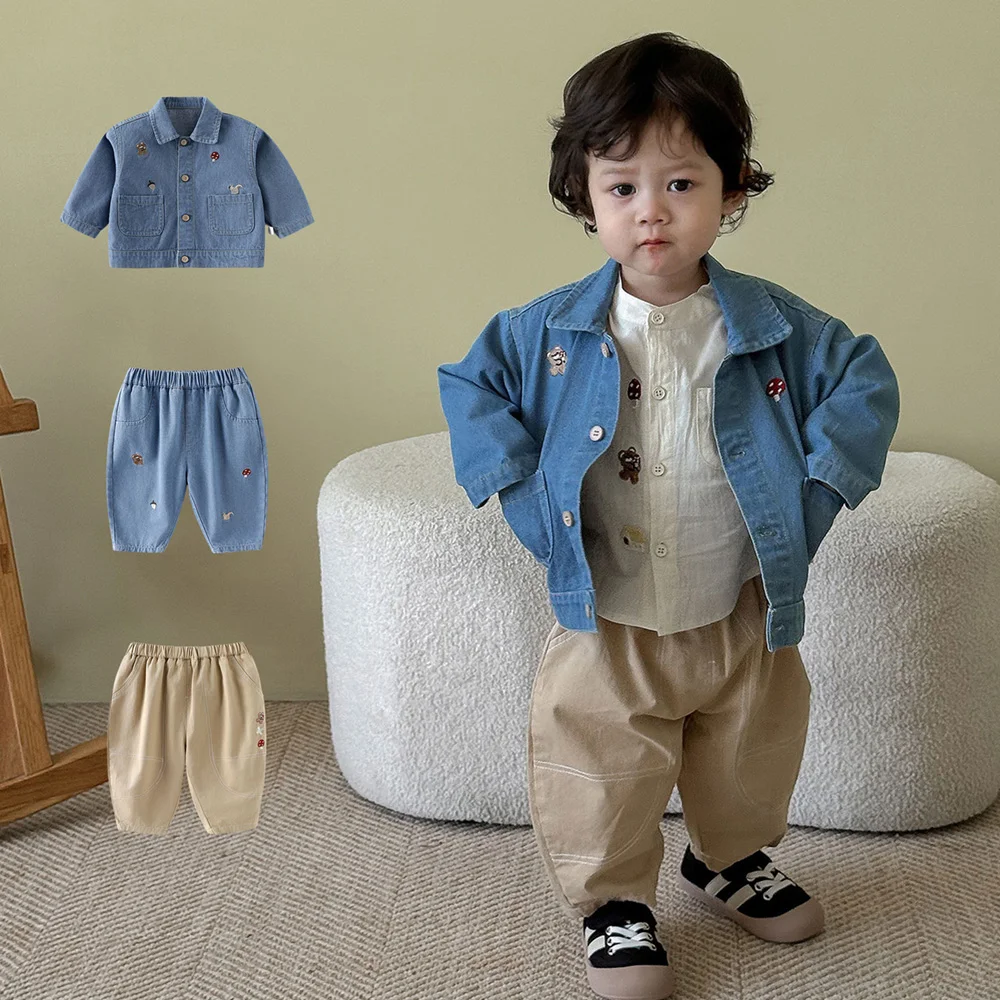 

Autumn New Vintage Look Unisex Toddler Denim Jacket 0-5T Cartoon Animal Embroidery Lapel Collar Button Front Kids Jean Coat