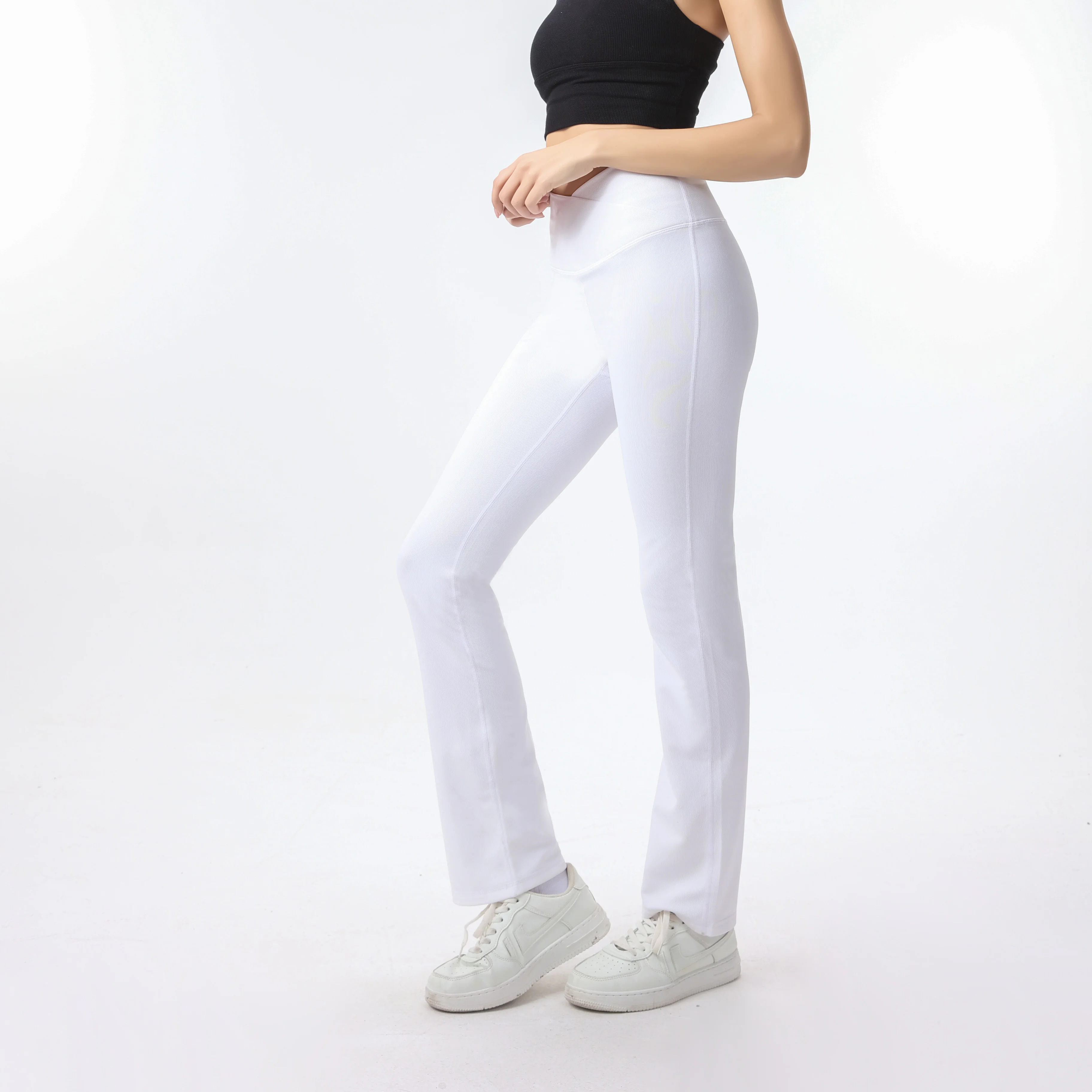 Wide Leg Yoga Pants White Ribbed Cross Waist Seamless Activewear Bottom