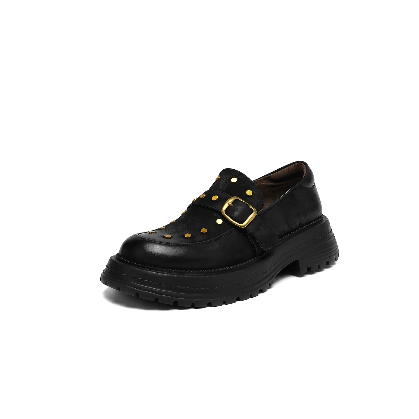 Rivet Loafers Genuine Leather Metal Slip On Thick Heel Casual Loafers Round Toe Retro Women Casual Dressy Shoes,Classic Pumps