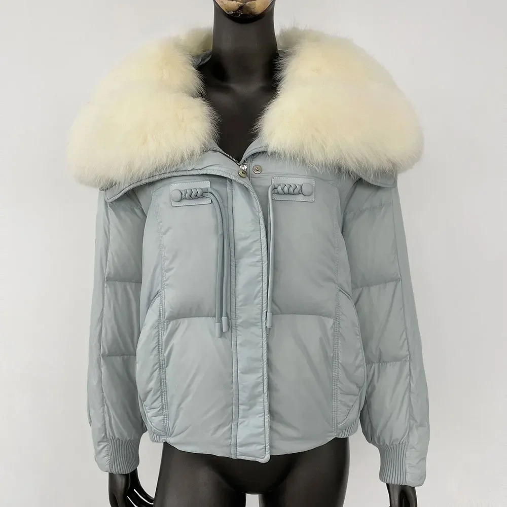 

Jacket Warm Duck Down Coat Short Streetwear Outerwear Women Natural Thick Loose Fur Big Real Fox Fur Collar Fashion Winter