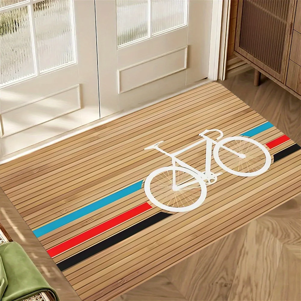 1pc Bicycle Wood Grain Pattern Print Outdoor Door Mat, Flannel Decorative Floor Mat, Indoor/Outdoor Entrance Doormat Mat, Suitab