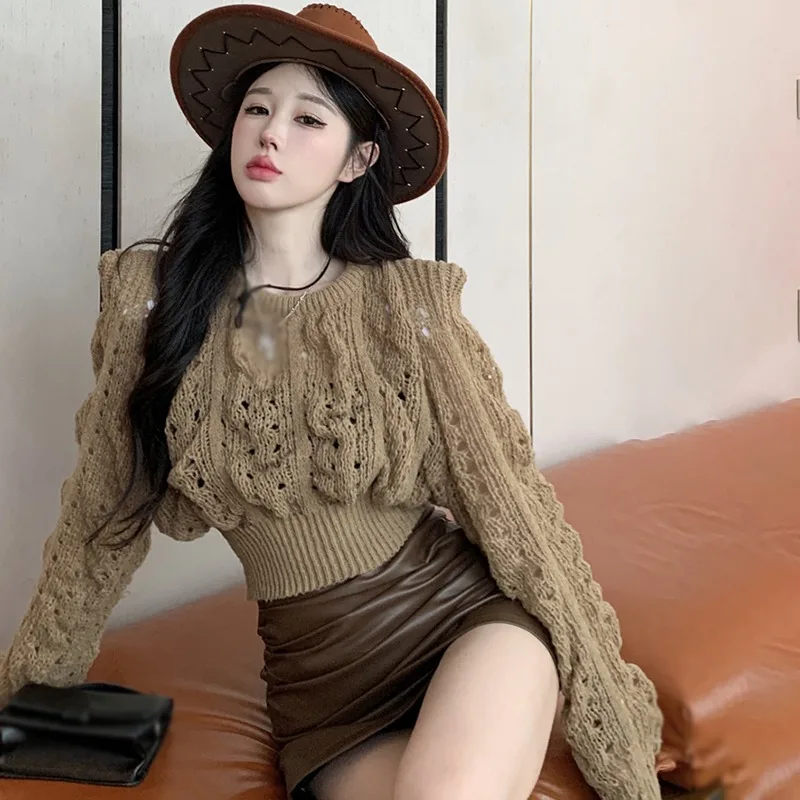 

Women Vintage Casual Puff Sleeve Knit Sweater Long Sleeve Hollow Out Solid Pullovers Ladies Autumn Soft Cropped Top Streetwear