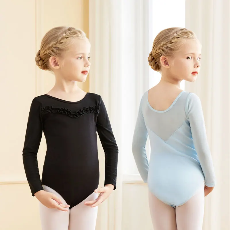 Leotard balet untuk anak perempuan senam triko perempuan menari Bodysuit tari baju renang Mesh Splice tari Leotard lengan panjang