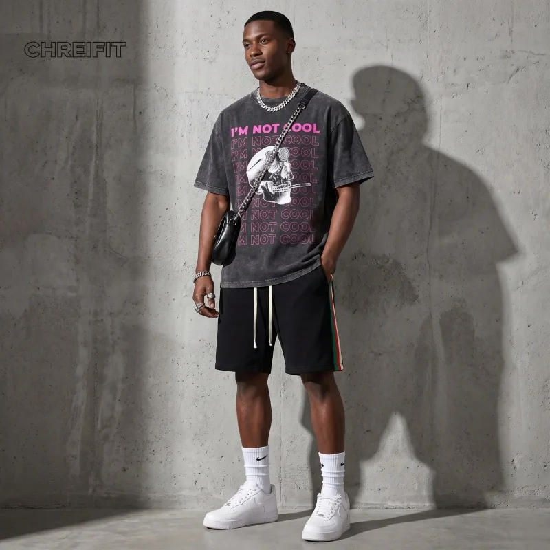 T-Shirt Shorts Set Men Vintage Acid Wash Streetwear Skull Print Tee Cyberpunk Y… - Image 3