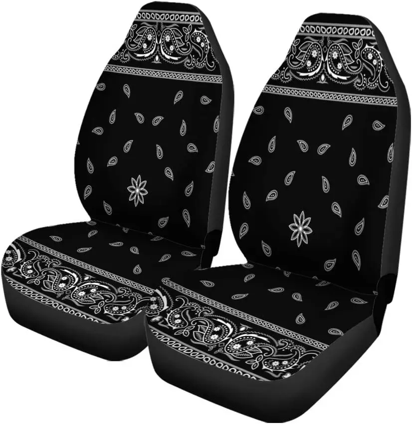 Car Seat Covers Colorful Paisley Black Bandanna Border Scarf White Set of 2 Auto Accessories Protectors Car Decor Universal