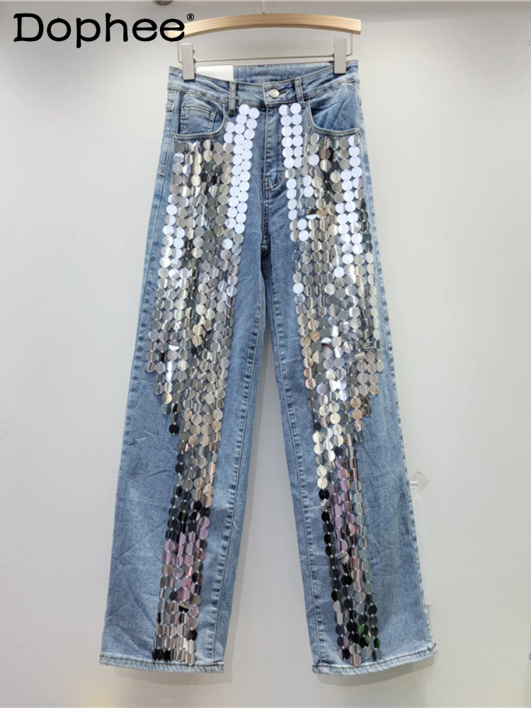 Heavy Embroidery Sequins Decorative Straight Jeans for Women 2023 Spring and Autumn New Street Style High Waist Wide Leg Pants