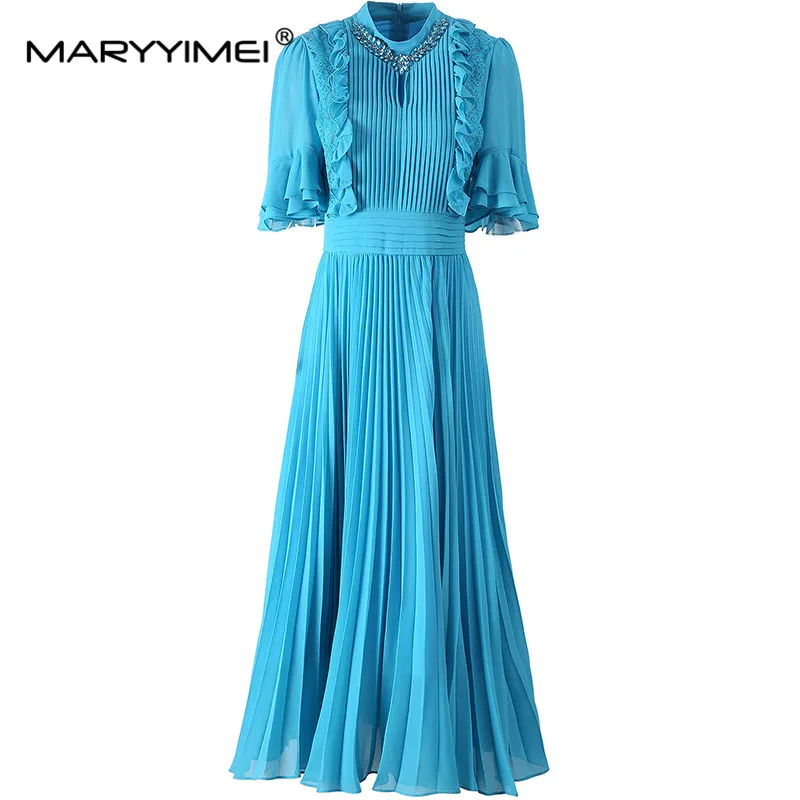 

MARYYIMEI Stand collar Butterfly sleeve Crystal Flounced Edge Women's Summer Dress Short-Sleeved Pleated Dresses