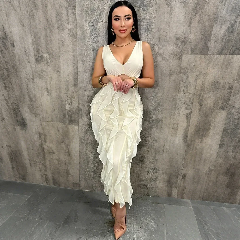 Elegante decote em v profundo babados em camadas vestidos de festa longos para mulheres bonito rosa ruched noite fora vestidos outfits clubwear