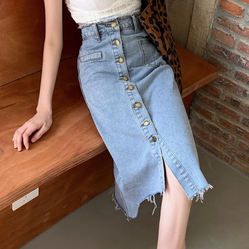 

Женская джинсовая юбка с высокой талией, асимметричная, на одной пуговице, облегающая, миди, А-силуэт, для весны