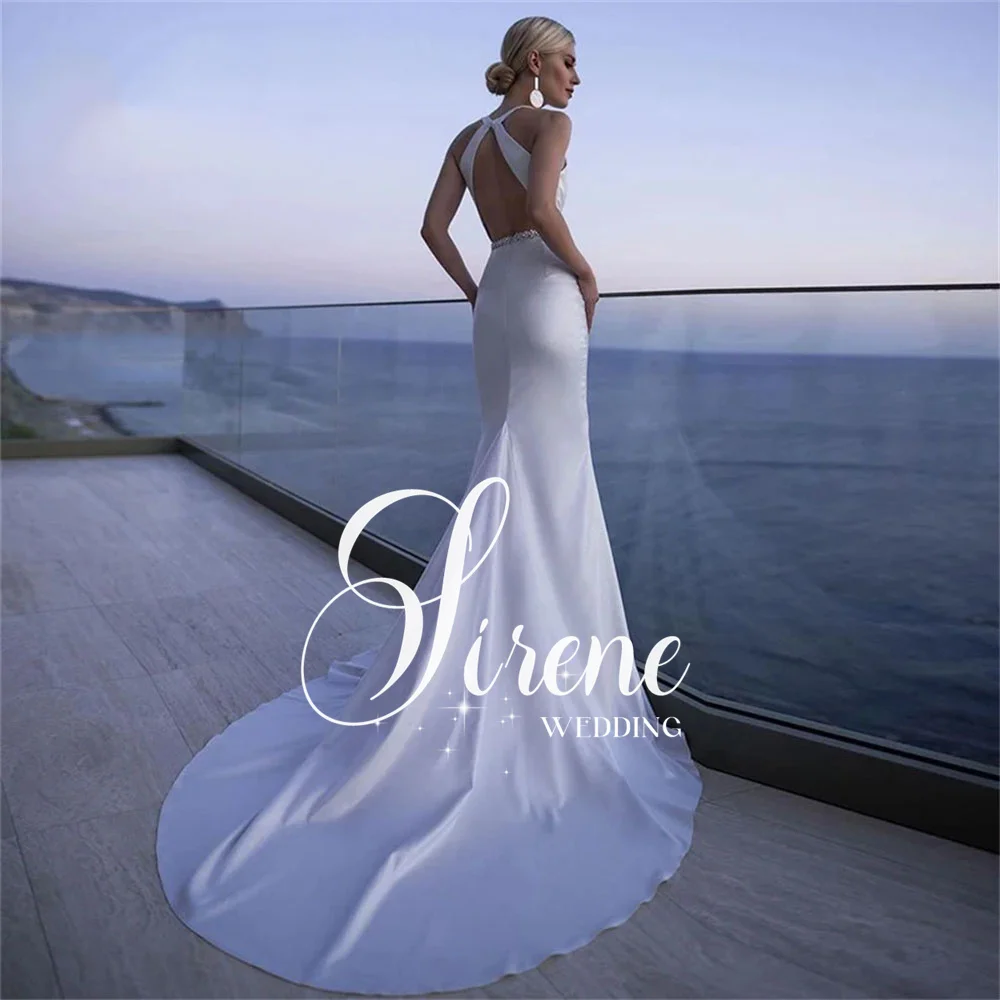 Sirene 2025 طول الأرض حورية البحر الرسن عارية الذراعين فساتين الزفاف للنساء بسيط الساتان بلا أكمام الخامس الرقبة فستان زفاف مخصص