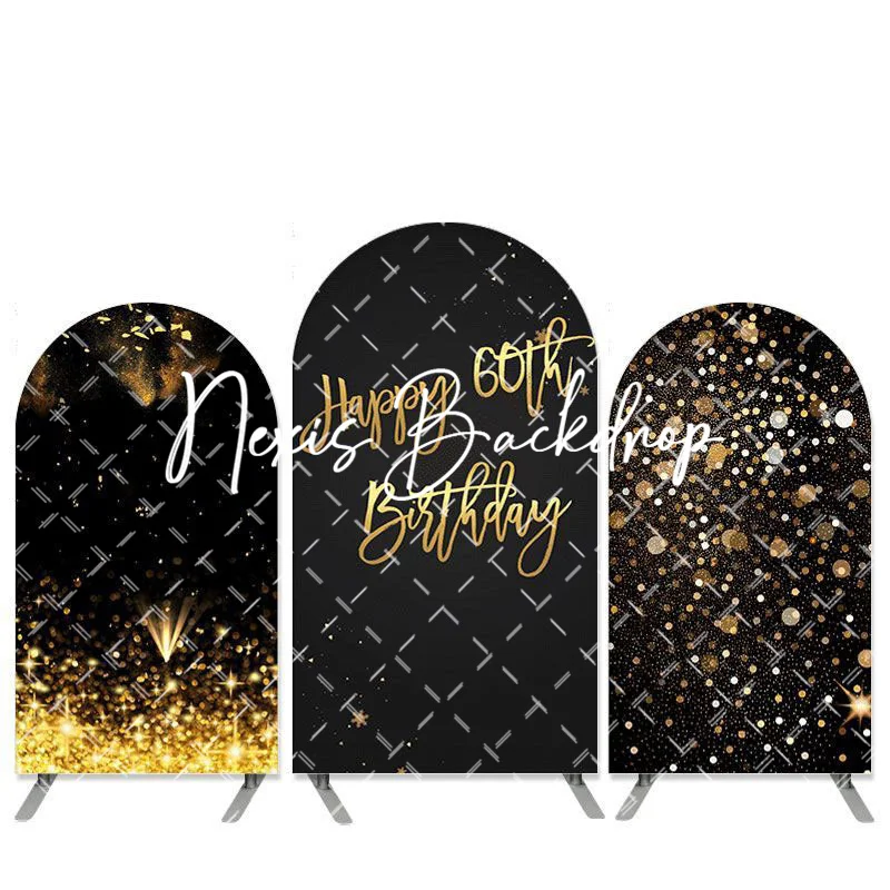 Happy Birthday 2-Sided Arch Backdrop for Women Girls Black and Gold Glitter Bokeh Sequin Spots Background Golden Sparkle Banner