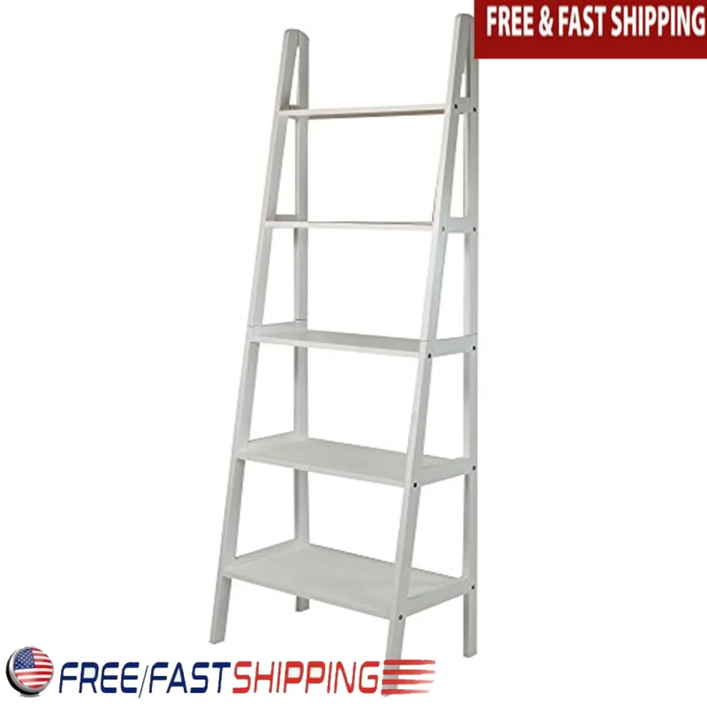

5-Shelf Leaning Ladder Bookcase Solid Wood Corner Storage Display Shelf Easy Assembly Living Room Furniture White Finish