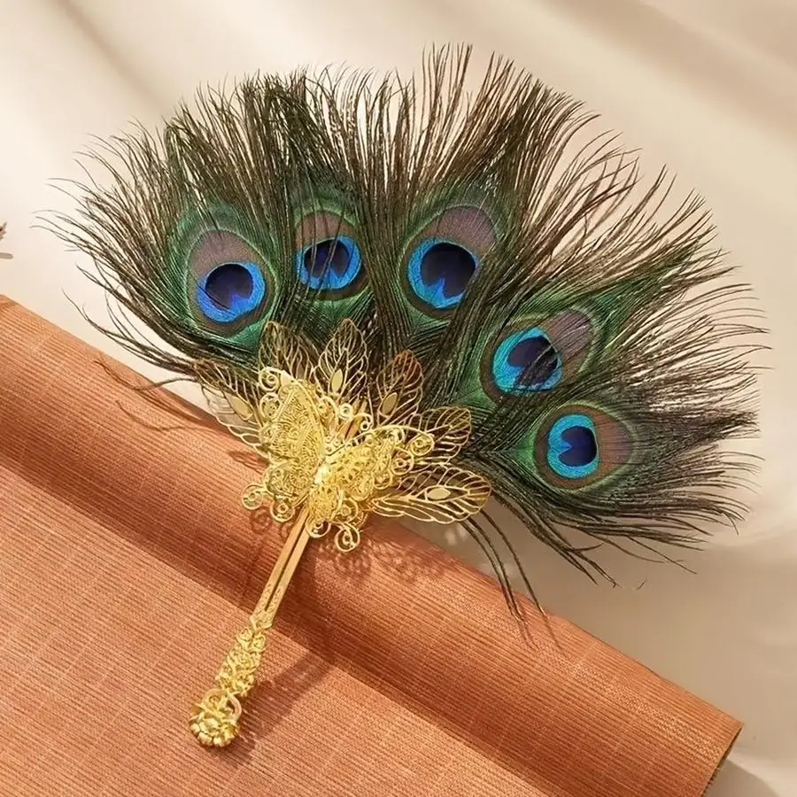 1/5/10/20/50/100pcs Elegant Handheld Peacock Feather Fan, Golden Tone, for Weddings and Formal Events, No Power Required, Peacoc