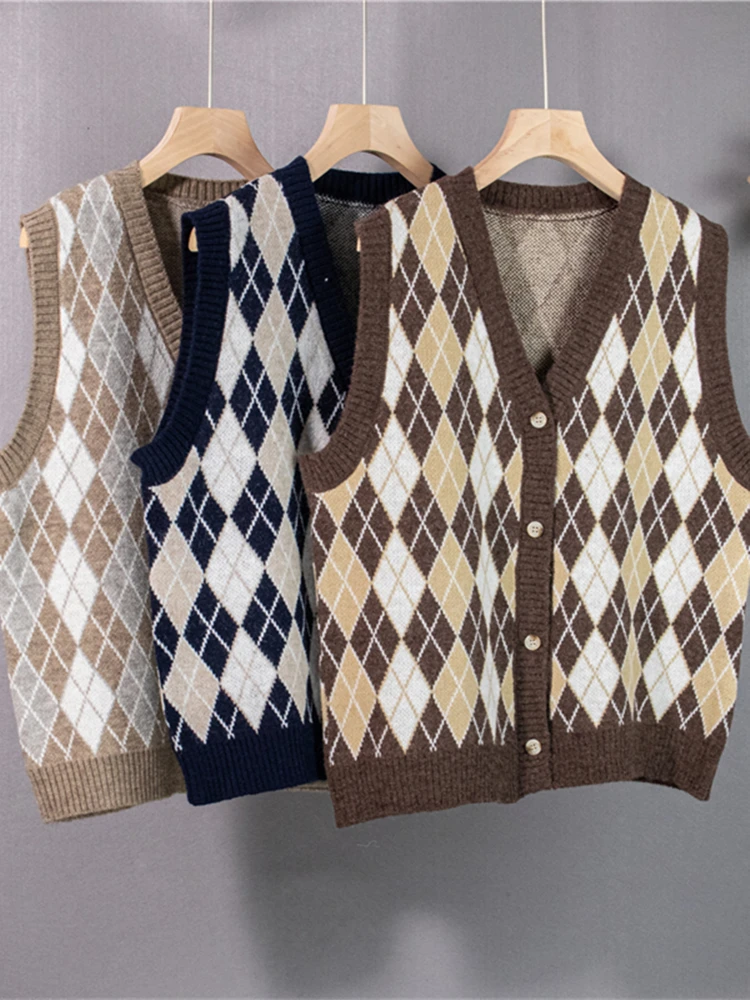 Colorfaith SWV1388JX 2023 New Sleeveless Checkered Waistcoat Women Autumn Winter Sweaters Vintage Korean Fashion Vest Lady Tops
