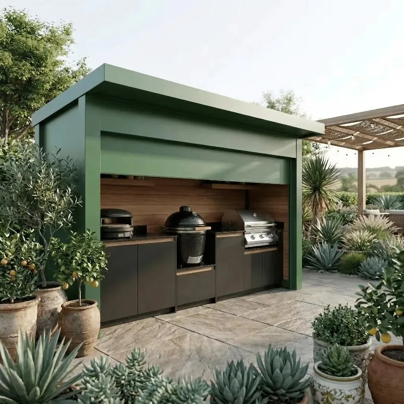 Customized Stainless Steel Outdoor Kitchen with Shed Moisture Resistant Roller Shutters Outdoor Kitchen Cabinets for Garden