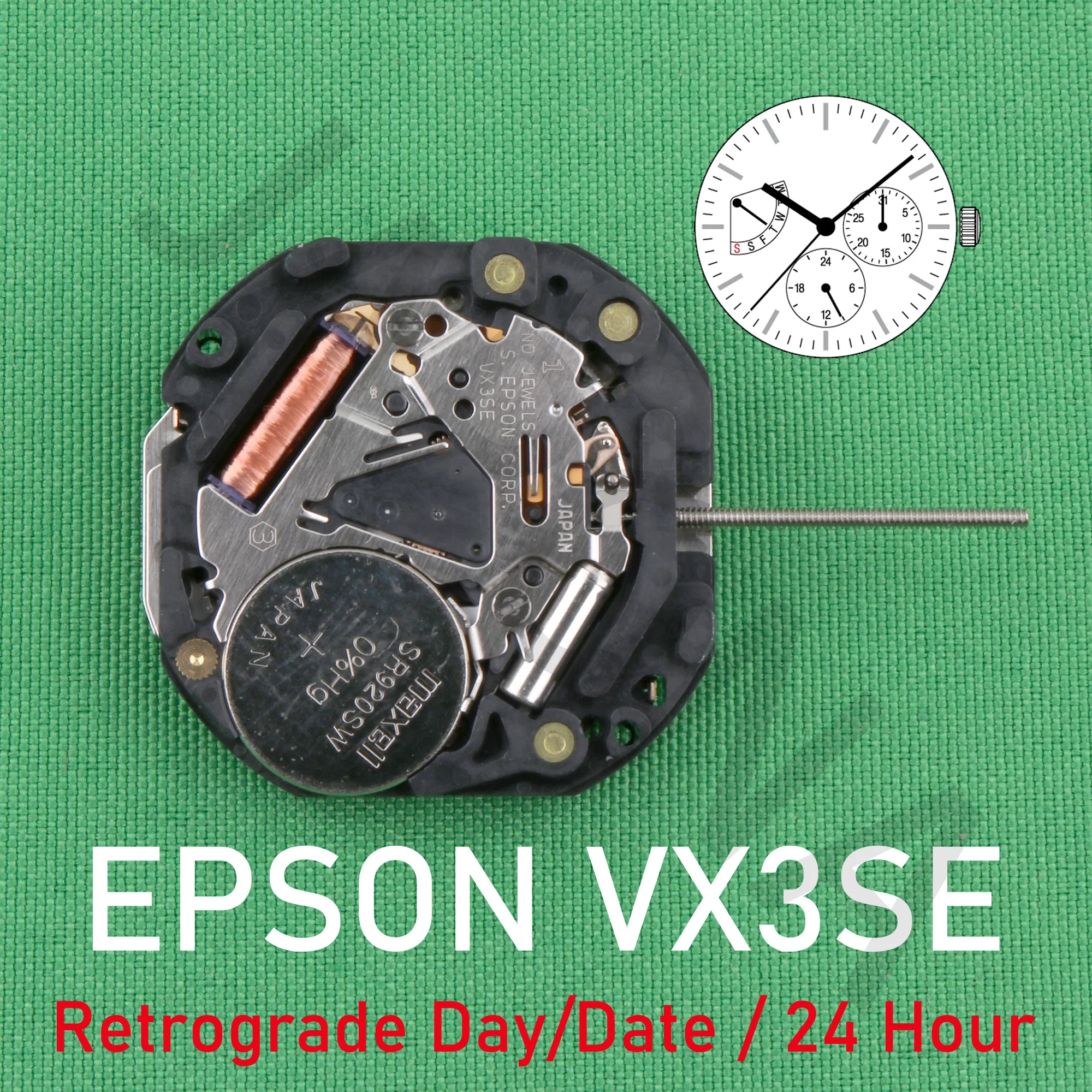 VX3S-Uhrwerk Epson VX3SE-Uhrwerk Quarz 10 1/2'' Schlankes Uhrwerk / 3 Zeiger und 3 Augen mit Retrograde-Tag / Datum/24 Stunden