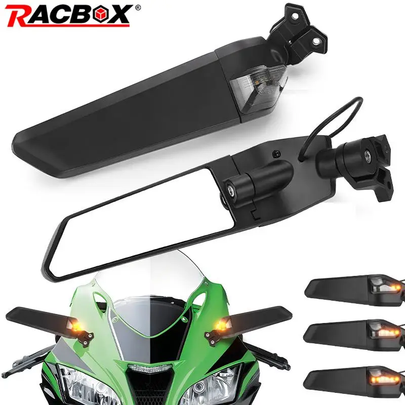 Adjustable Aluminum Wind Wing Rearview Mirror w/Turn Signal Flowing Amber for Kawasaki Ninja ZX10R ZX9R ZX6R ZX10RR Z636 ZX6RR