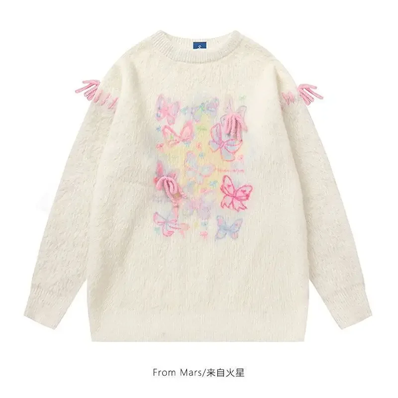 

Japanese Sweet Bow Printed Knitted Sweater Women Autumn Winter Lazy Loose Round Neck Pullover Fashion Y2k Tops Sueter