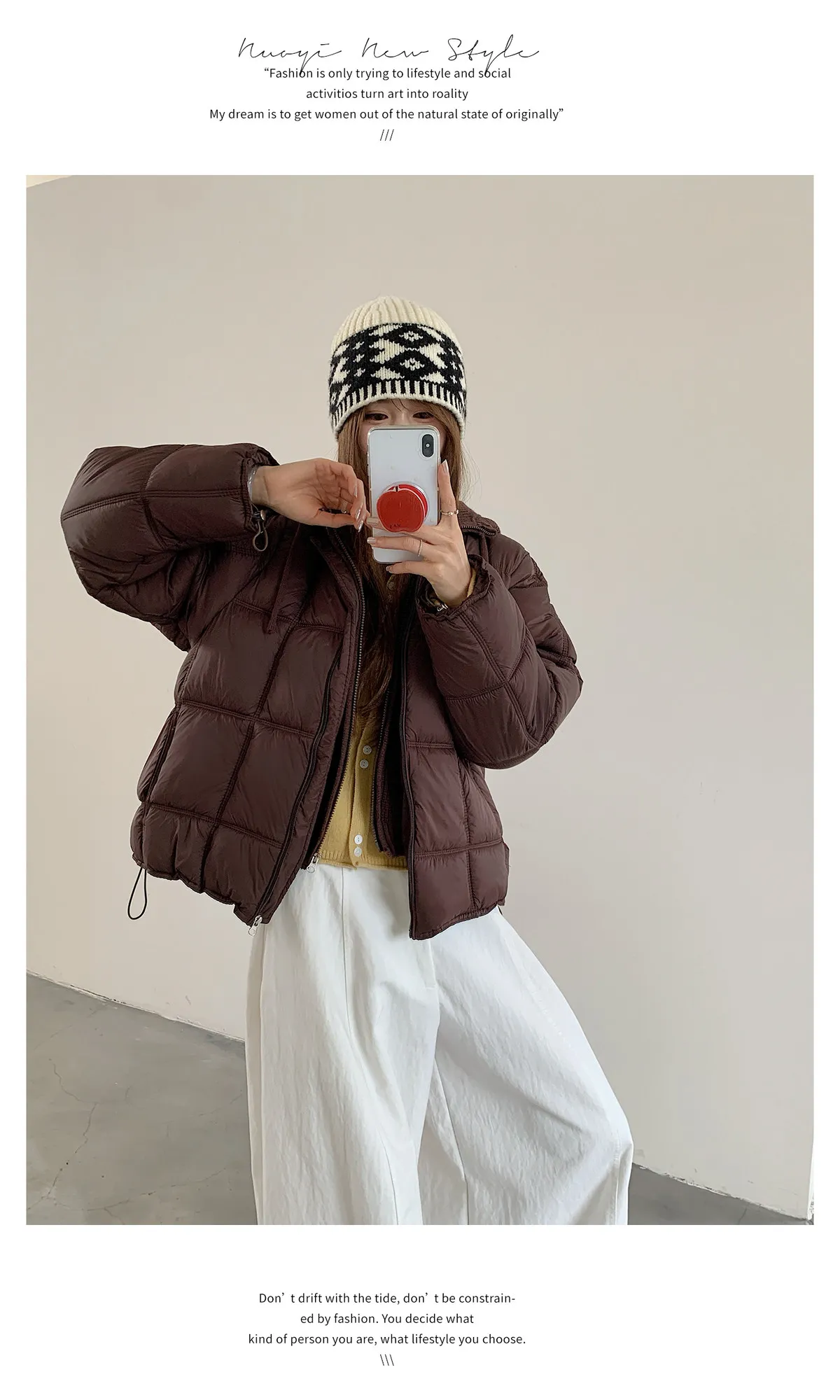 Korean Knit Hood Patchwork Short Puffer Jacket Women Loose Lightweight Warm Padded Parkas Women Solid Color Zipper Winter Jacket