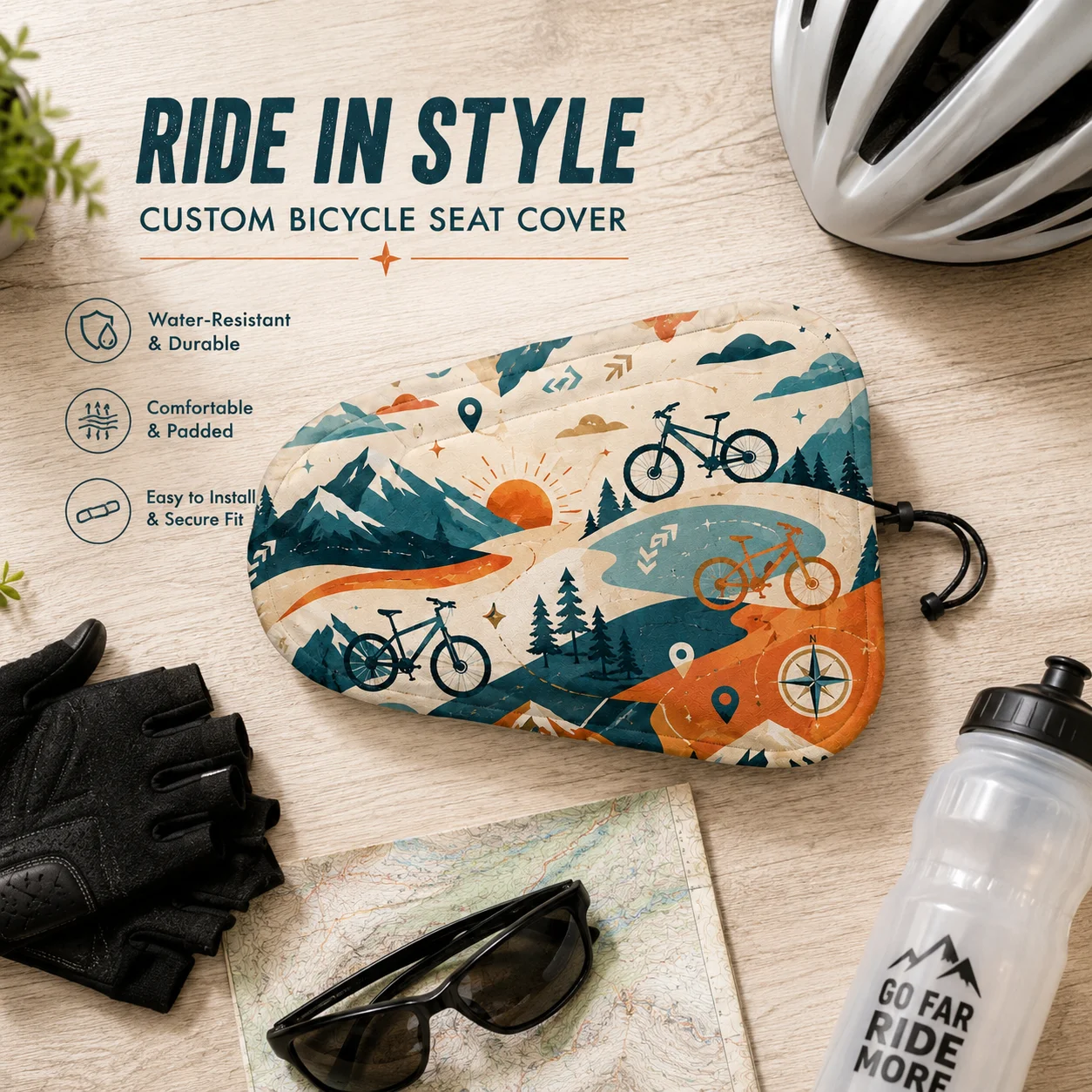Custom Bicycle Seat Cover Personalized Bike Saddle Cover Waterproof Peach Skin Fabric Printed Cycling Protector for Outdoor Use