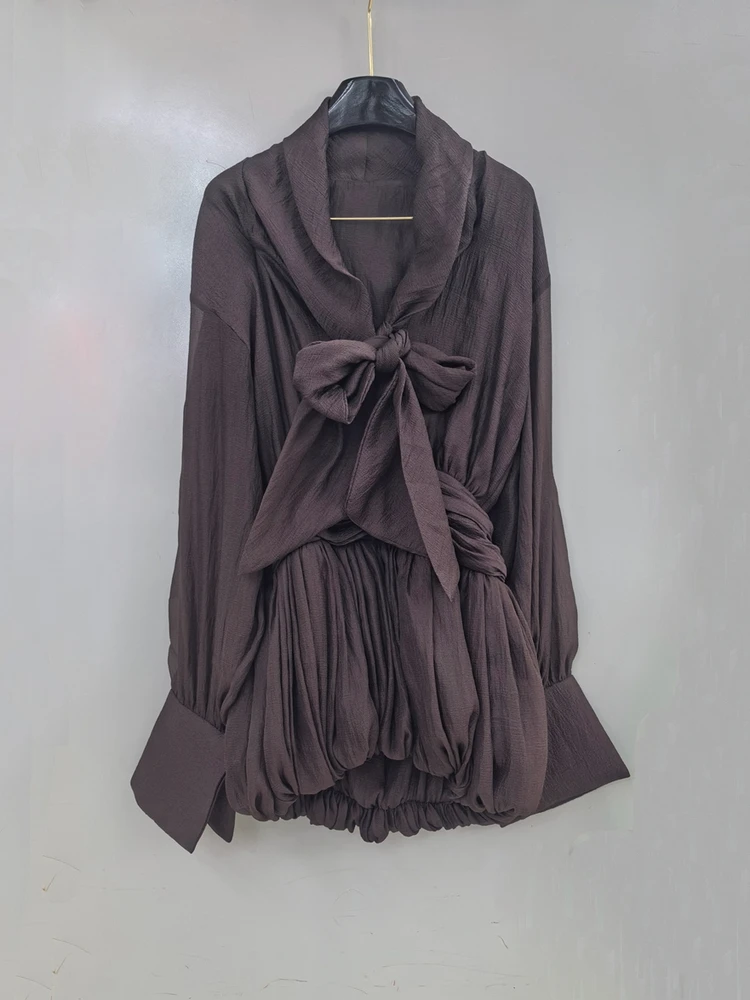 

Модное женское платье-миди с V-образным вырезом, плиссированное, с драпировкой, из струящейся ткани, с длинными рукавами, дизайн с запахом