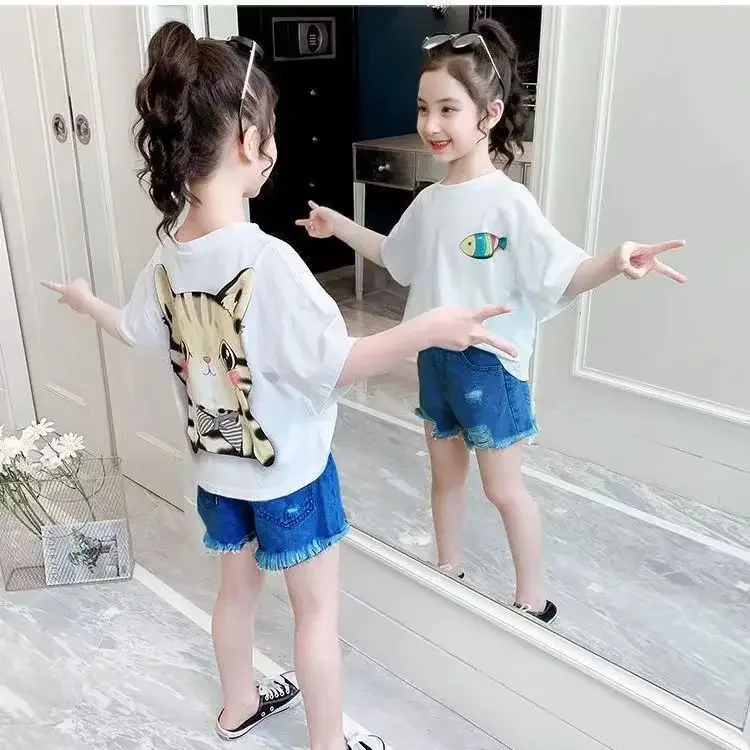 cotton girls short sleeve cat fish print T-shirt summer children clothing Korean  loose half sleeve summer top