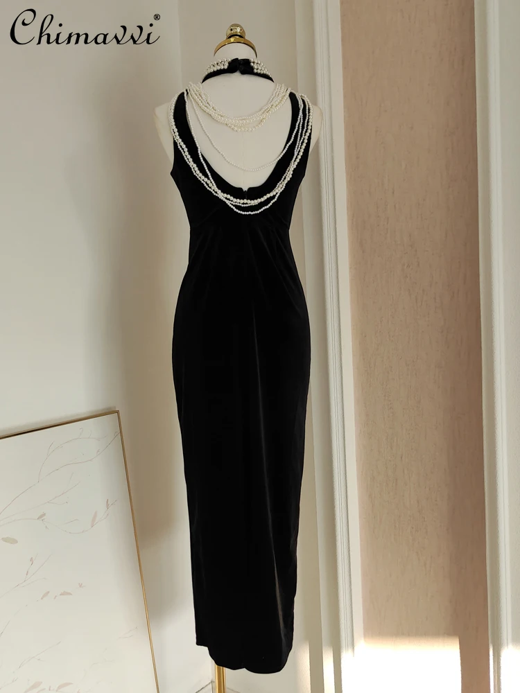 

French Elegant Retro Bead Chain Off Shoulder Backless High Waist Slim Fit Hip-wrapped Black Velvet Long Evening Dress For Women