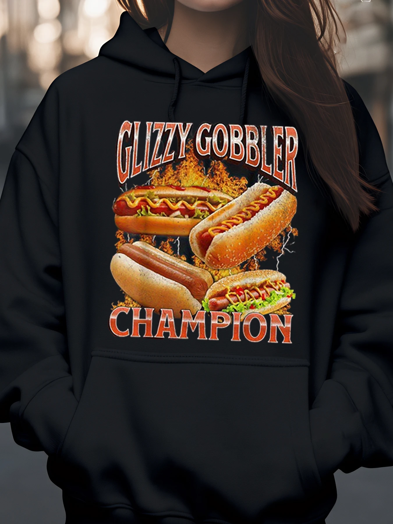 Glizzy Gobbler Champion ホットドッグ プリント パーカー フードフェスティバルやカジュアルウェア用 メンズ レディース ユニセックス