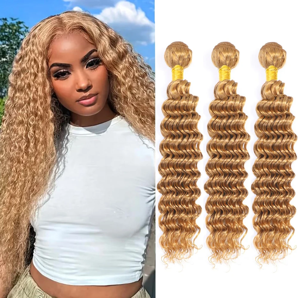 

Пучки медовых блонд, пучки человеческих волос с глубокими волнами, 1/3/4 шт., цветные пучки волос # 27 Наращивание человеческих волос с глубокой волной