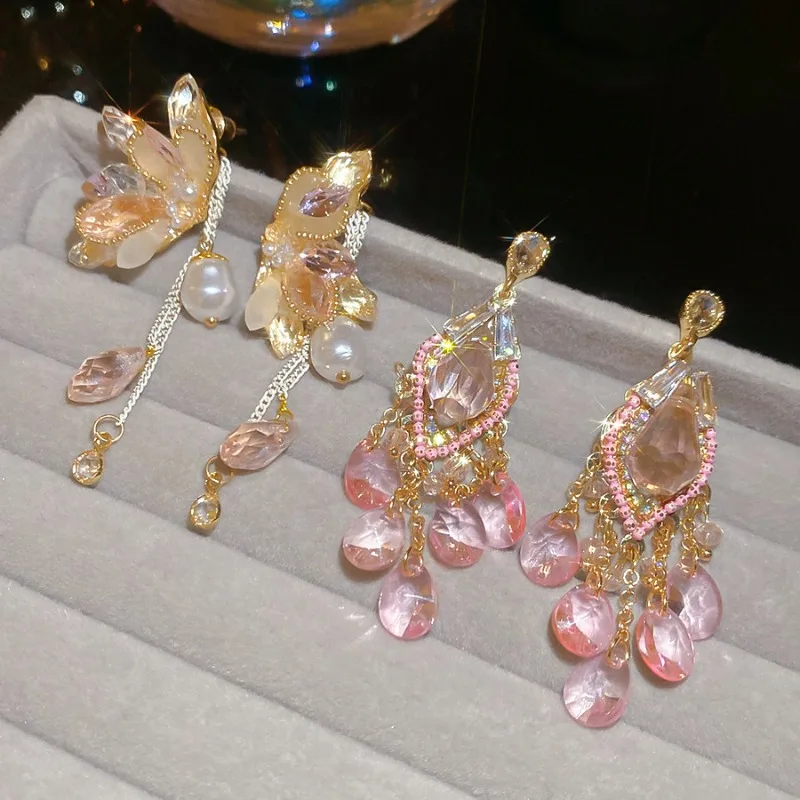 

Minar Light Luxury Rhinestone Glass Beads Freshwater Pearl Butterfly Wings Tassel Long Drop Earrings for Women Party Jewelry