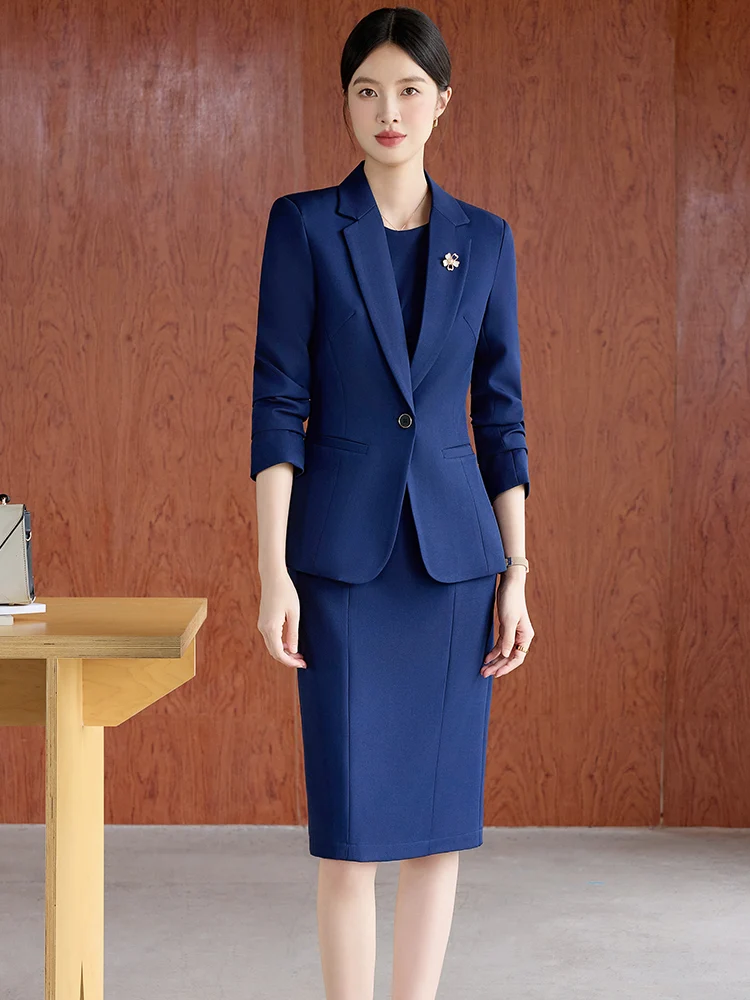 Business Women's Blue Dress Suit Professional Workwear Spring Autumn New Style Hostess Corporate Uniform Ensemble