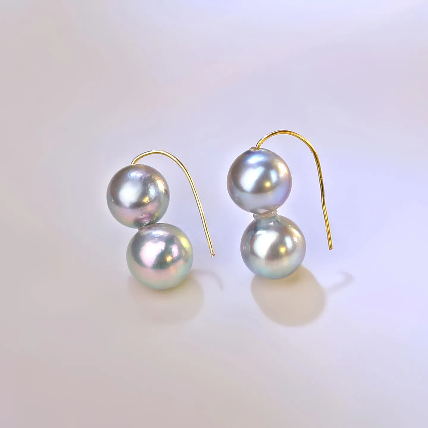 

18K Gold Natural Akoya Saltwater Pearl Earrings, 6-7mm Silver Blue Double Pearl Design, Elegant Pearl Jewelry Gift for Women