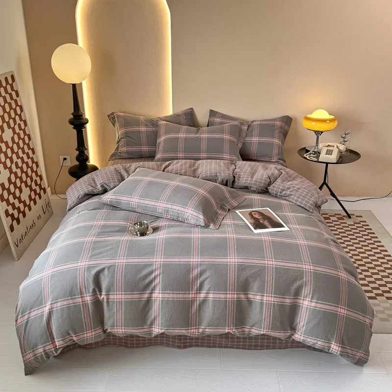 100% Cotton Grey Plaid Duvet Cover 3 Piece Set, Pink Striped Bedding with 2 Pillowcases, Hotel Luxury Reversible Comforter Cover