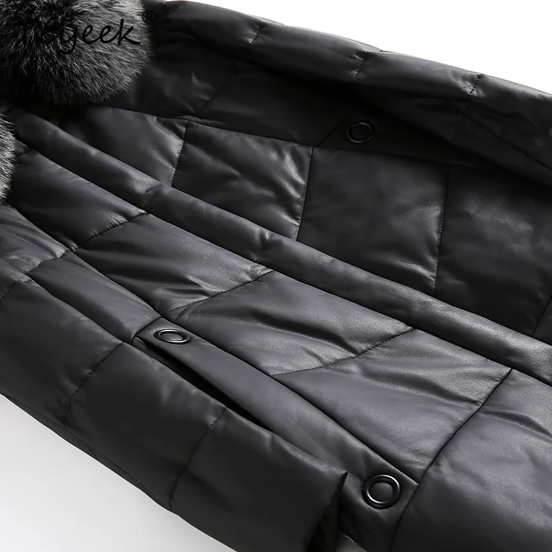 Tcyeek Real Sheepskin Autumn Winter Fox Fur Collar Detachable Hat Black Medium Length Women's White Duck Down Coat Veste Femme