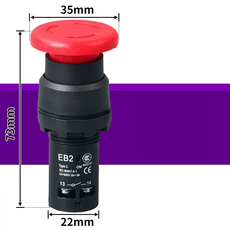 1Pcs Emergency Stop Button Switch On Off EB2 Series Red Mushroom Head Latching Self-lock e-stop Push Buttons 22mm 5A